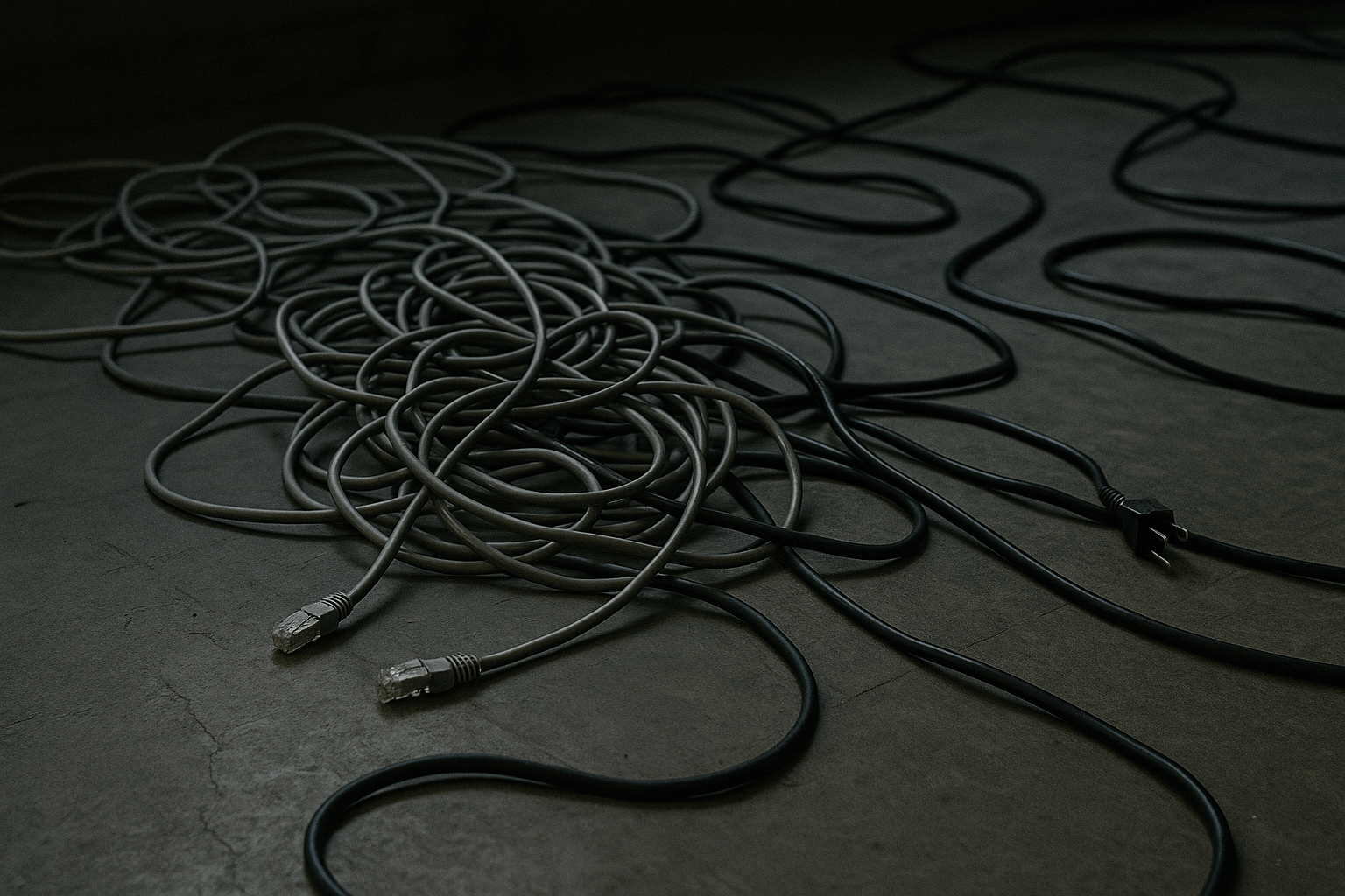 Tangled cables on a warehouse floor, editorial style