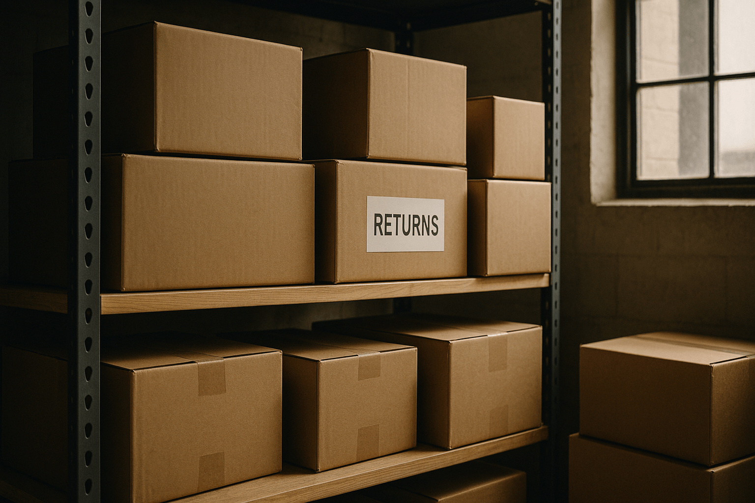 Stack of return packages in a clean warehouse, natural light