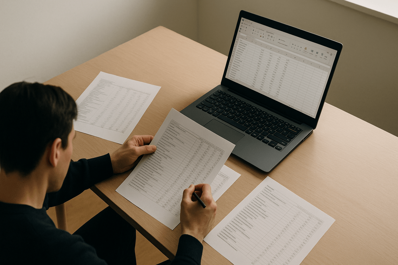 Person reviewing spreadsheet documents at a desk, focused, soft office light